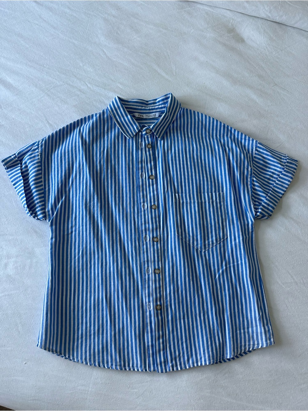 Zara Blue and White Vertical Stripe Short-Sleeve Shirt